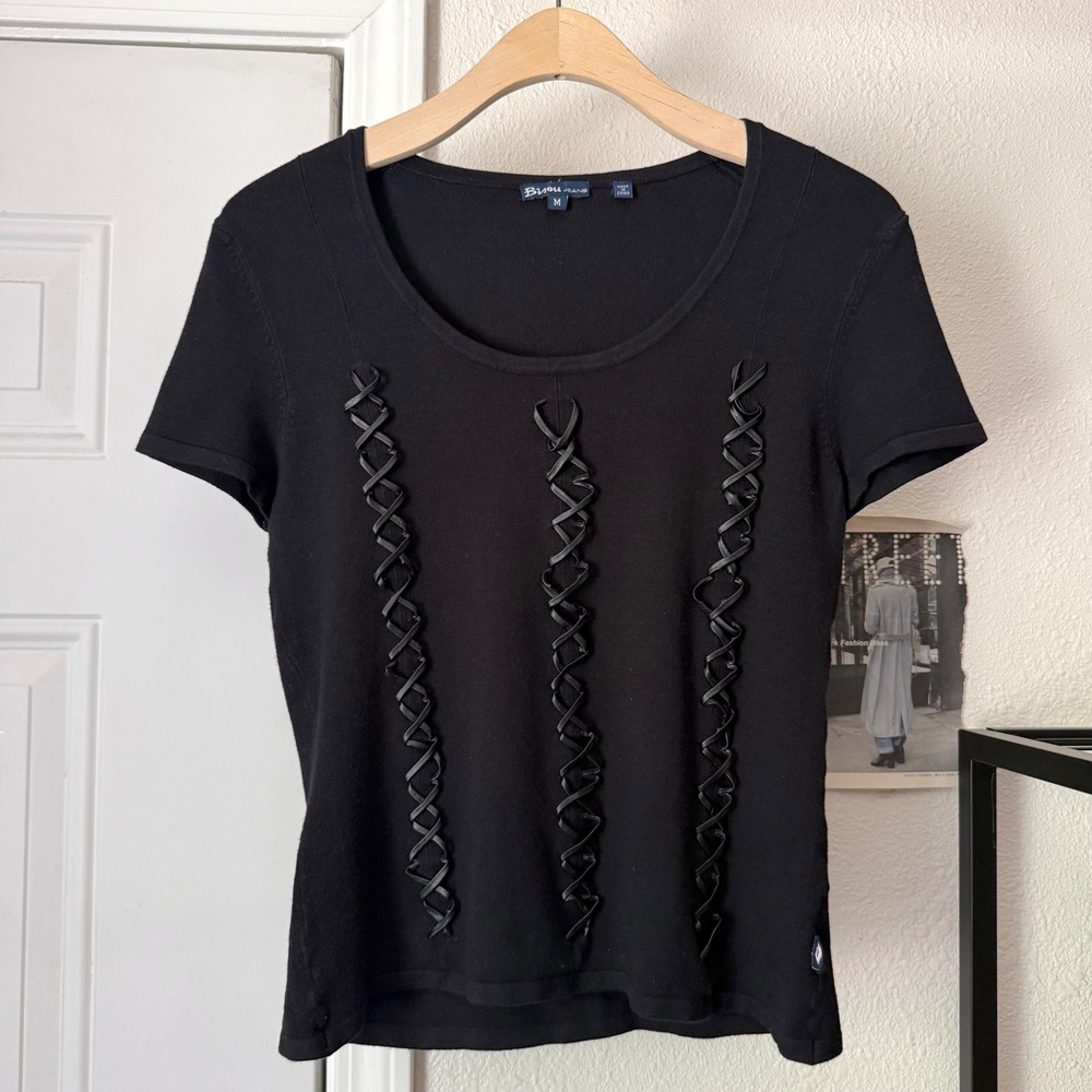 BISOU BISOU black silkvintage y2k leather lace up boxy scoop cropped tee t-shirt